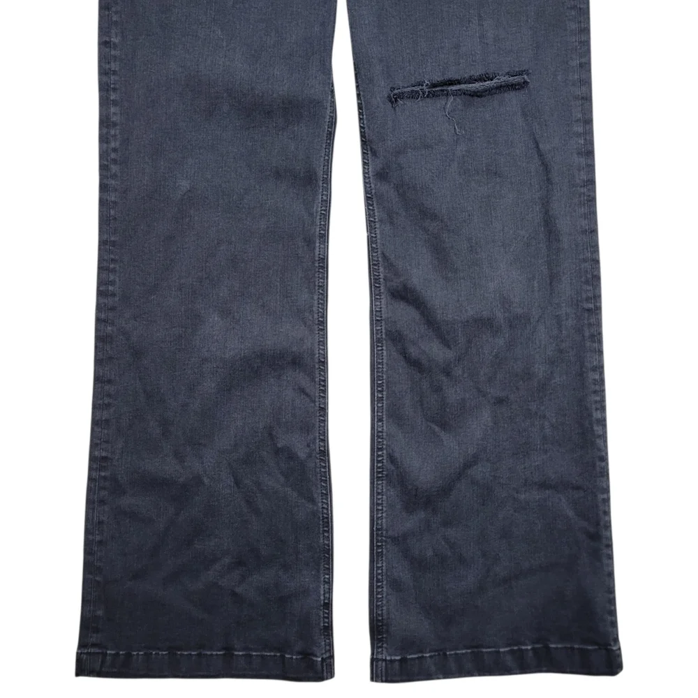Paige Jeans Womens 33 Black Denim Leenah High Rise Slim Fit Wide Leg Destructed‎
